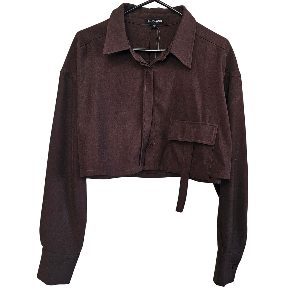 Fashion Nova Fiona Cropped Button Down Shirt Chocolate Brown Utility Top Medium